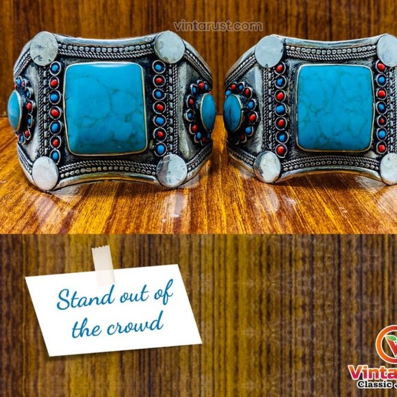 single Tribal Kuchi Stone Cuff Bracelet With Turquoise and Coral - Picture 2 of 3